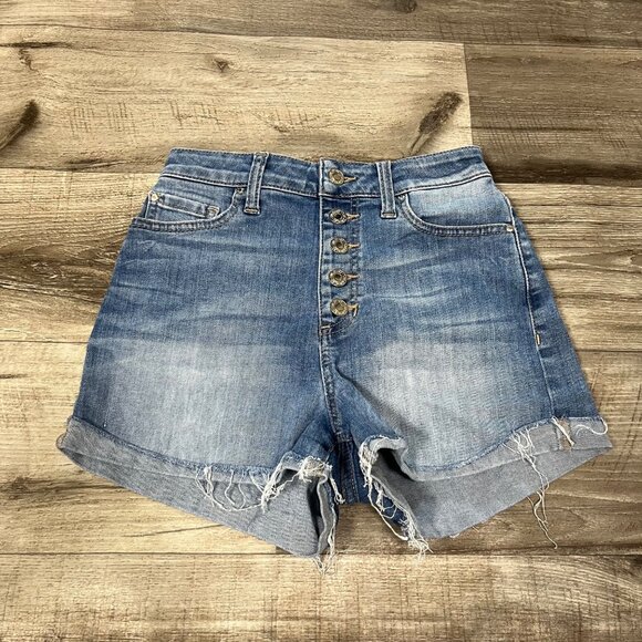 Guess High Rise Exposed Button Fly Leg Fray Denim Shorts Blue Women’s Size 24 - Picture 1 of 9